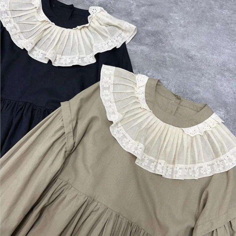 Johnature Японское женское хлопковое платье Mori с рюшами и воротником, винтажное повседневное свободное платье с длинными рукавами и простыми карманами, весеннее платье