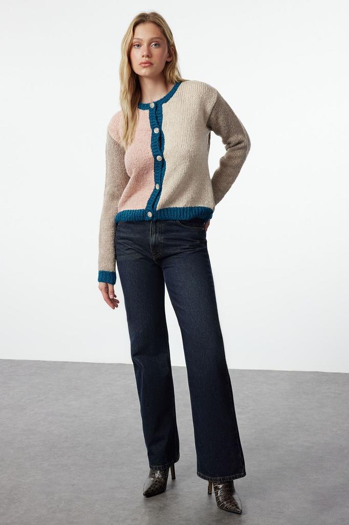 Женский кардиган Элегантный стиль Коричневый Мягкий Фактурный Колорблок Вязаный кардиган