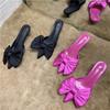 Fashion 2025 Viral Pointed Thin Heel Bow Knot Backless Slip-On Mule Slippers Women Block Heels Lazy Half Slides