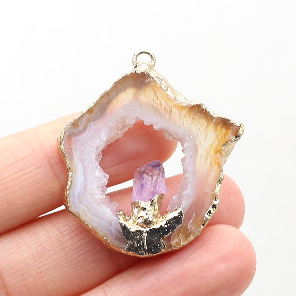 1Pc Energy Natural Agates Pendants with Amethyst, Fashion Handmade Irregular Druze Charms for Jewelry Making DIY Accessories Fit Necklaces Craft Gift