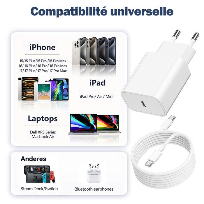Chargeur USB-C - WENZYLIQUOX - 35W - Charge rapide 35W - Câble MFi C94 2m - Compatible iPhone 17/16/15