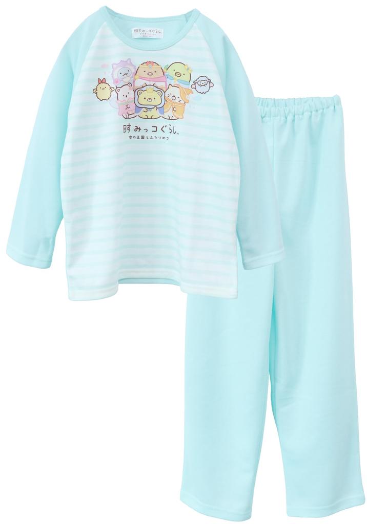 Kaitak Family Sumikkogurashi Movie Kids' Pajamas, Long Sleeve, Raglan Sleeves, Striped Pattern, Spring/Autumn (130cm, Green)