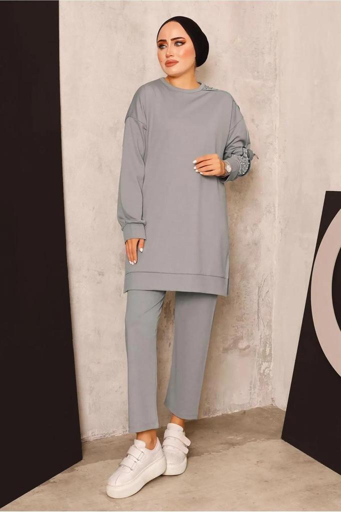 Женский комплект из длинной туники и брюк в хиджабе с жемчугом и молнией