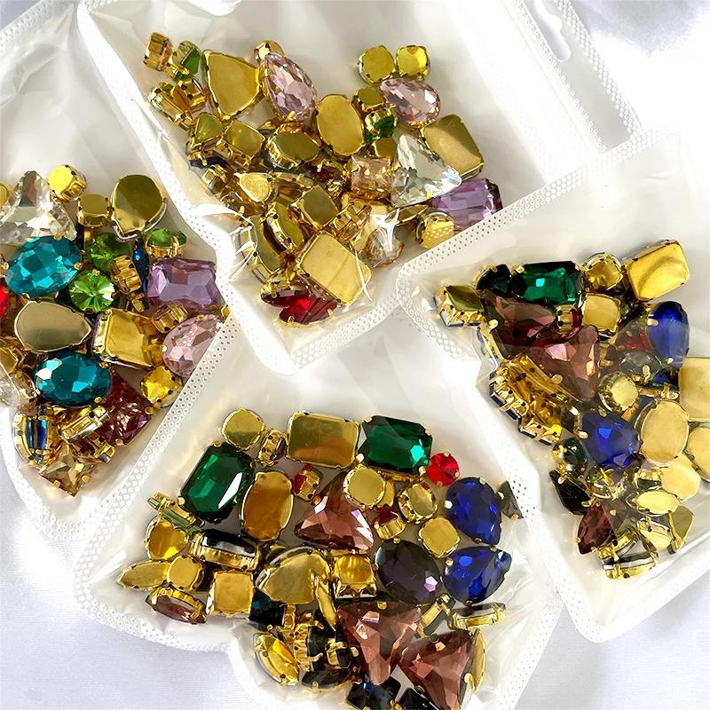 50pcs/Bag Glitter Mixed Shape Sew On Glass Rhinestone Gold Claw Crystal Buckle Diy Wedding Decoration Accessories