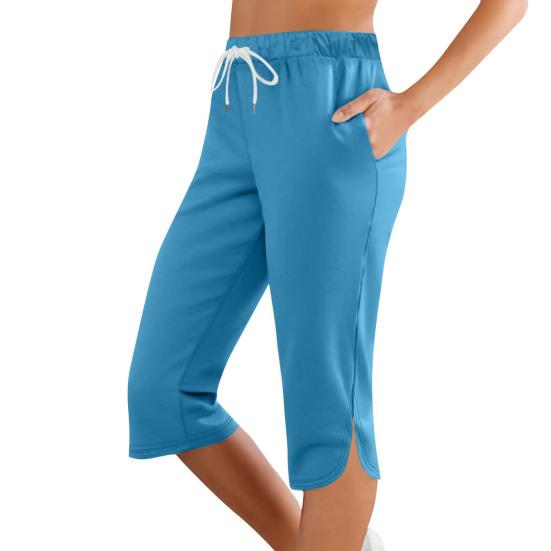Women Cropped Pants Elastic Waist Adjustable Drawstring Solid Color Mid-calf Length Pants with Pockets Daily Wear