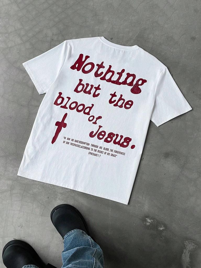 2025 Men's nothing but the blood of jesus 100% pure Cotton short-sleeved T-shirt with Harajuku pattern print