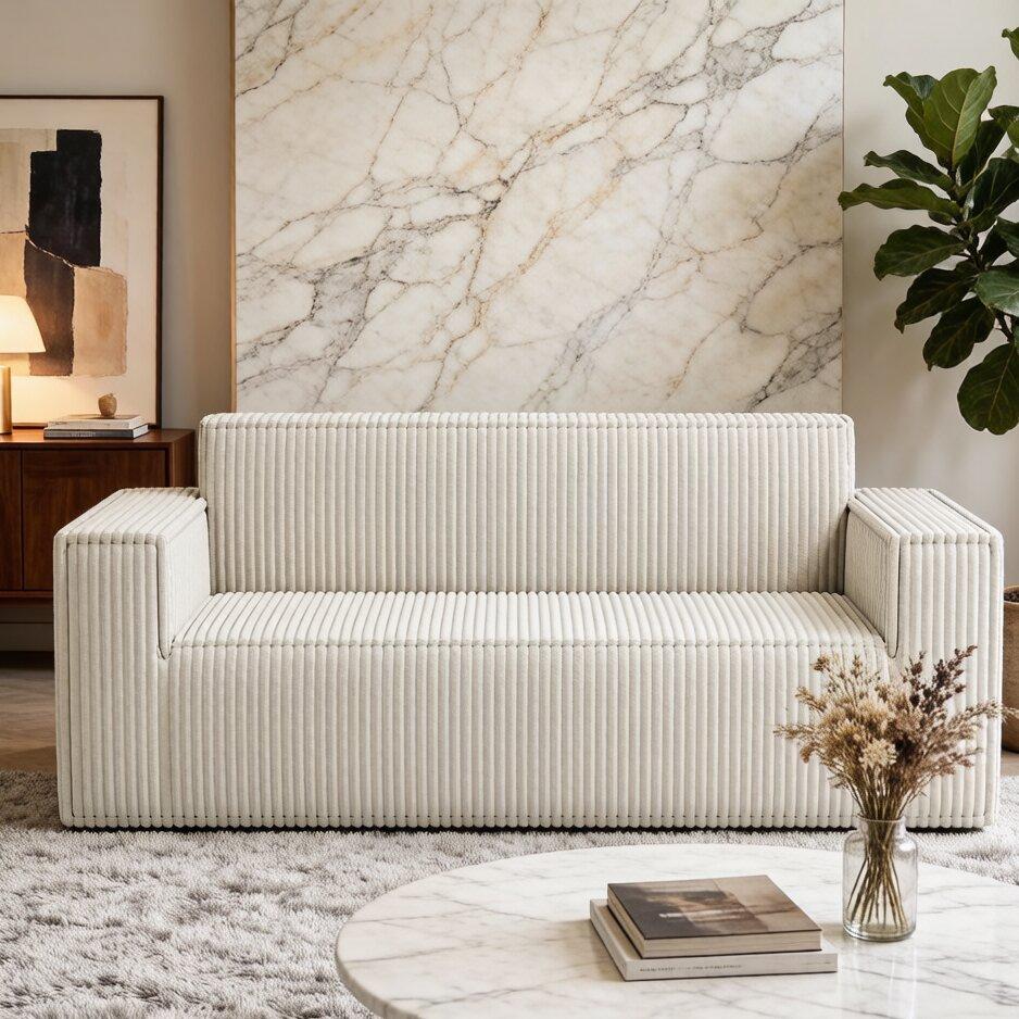 Modern Corduroy Sofa Couch, 2 Seater with Deep Seat, Couch for Living Room/Apartment/Office/Home, No Legs/No Installation/Easy to Transport (white)