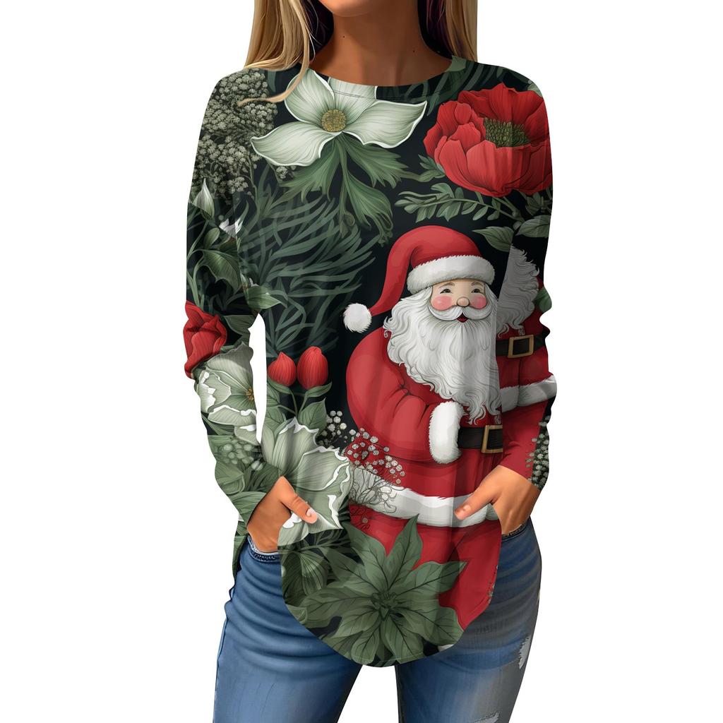 Women's Loose Round Neck Christmas Printed Long Sleeved T Shirt Top Pullover Long Sleeved Sweatshirt