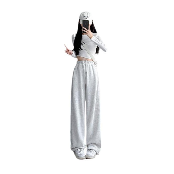 White-Grey Women's Wide-Leg Sweatpants - Summer 2024 Slimming Loose-Fit Cuffed Joggers