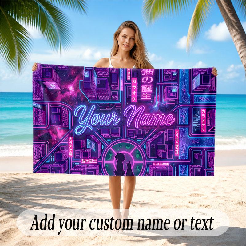 City Cyberpunk Theme Soft Beach Towel Personalized Custom Name Text Towel Portable for Beach Pool Travel