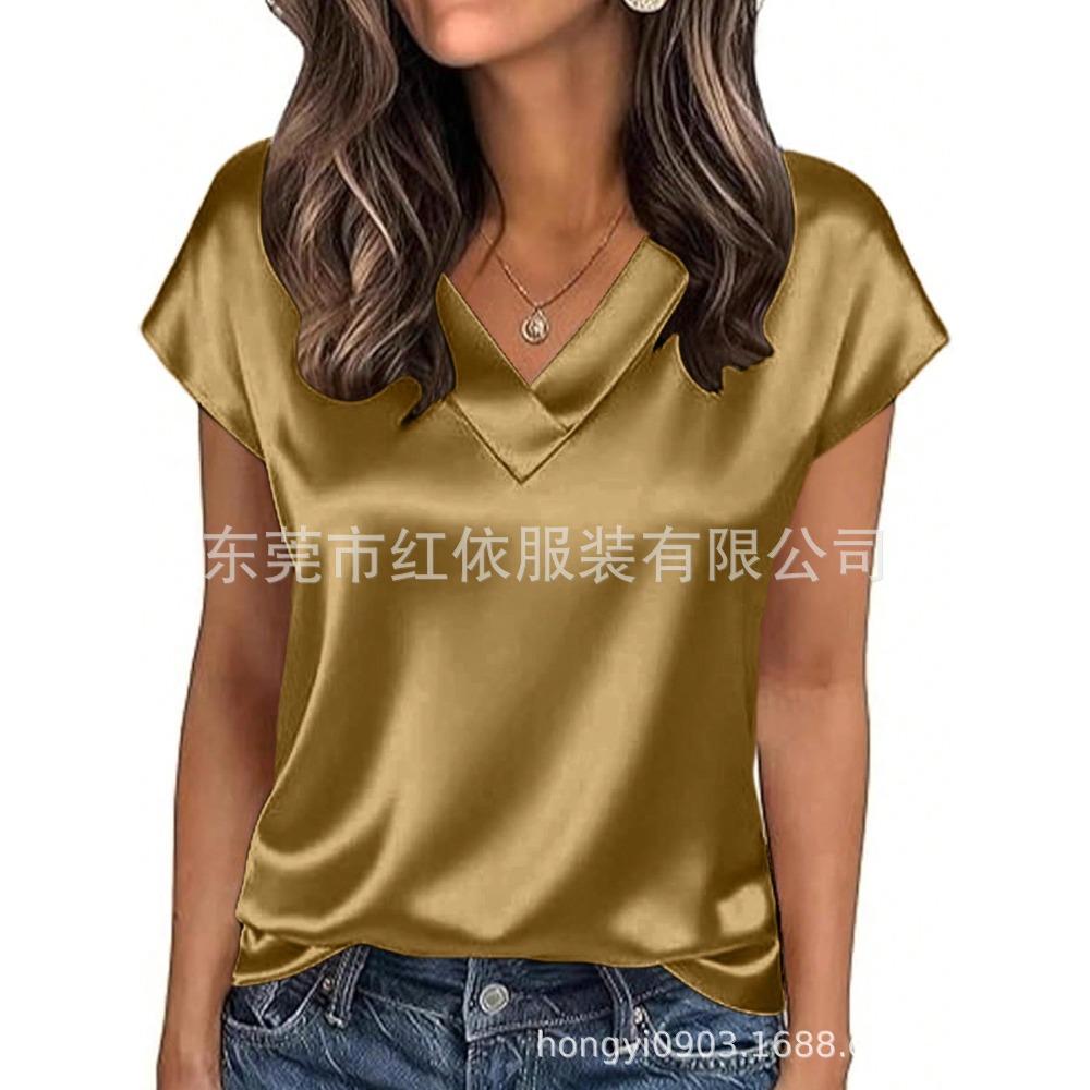 21-Color Women's Satin T-shirt Spring and Summer European and American Women's Clothing New V-neck Satin Casual Top Women