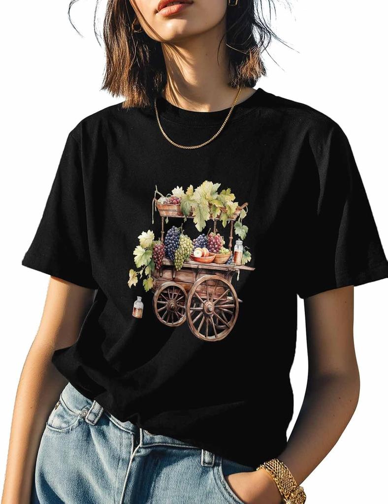 T Shirts for Women Graphic Tees Wooden Cart Crew Neck Short Sleeve Shirts for Women Grapes Casual T-Shirt