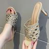 Женские туфли на высоком каблуке 2025 Летняя мода Повседневные с открытым носком Женские шлепанцы Стразы Полые Дизайнерские Вечерние Туфли на высоком каблуке Сандалии