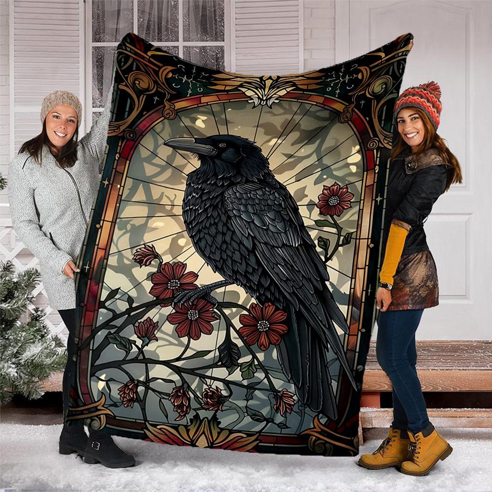 1pc Stained Glass Raven Throw Blanket Polyester Fiber, Lightweight Flannel, Soft & Warm, All Season Use for Outdoor, Camping Digital Print