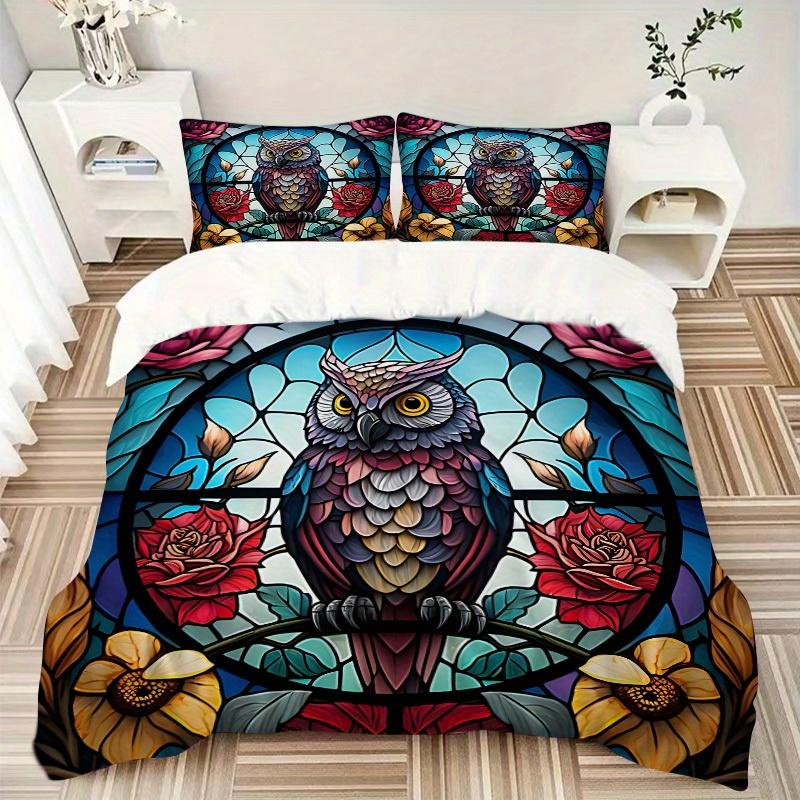 3pcs Stained Glass Owl 1Cover + 2Pillowcases, PillowInserts NotIncluded, Machine Washable, All - Season Use, Suitable for Bedroom Guest Room64