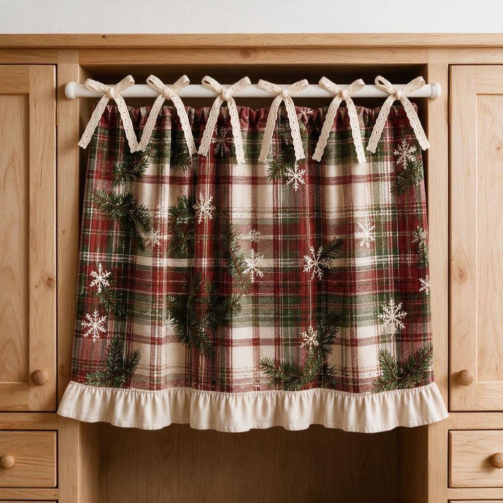 Xmas Tree Snowflake Printed Christmas Oven Short Curtain Decorative Cabinet Curtain Kitchen Window