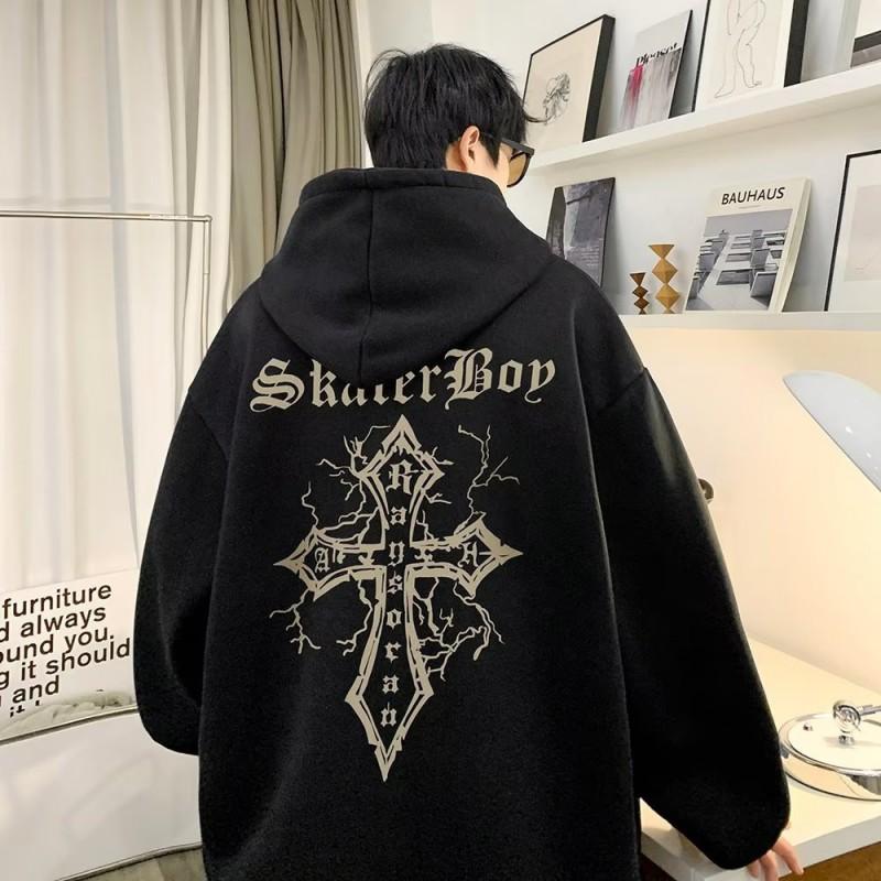 Mens Hoodie Cross Print High Street Trendy American Vintage Loose Fit Casual Sweatshirt