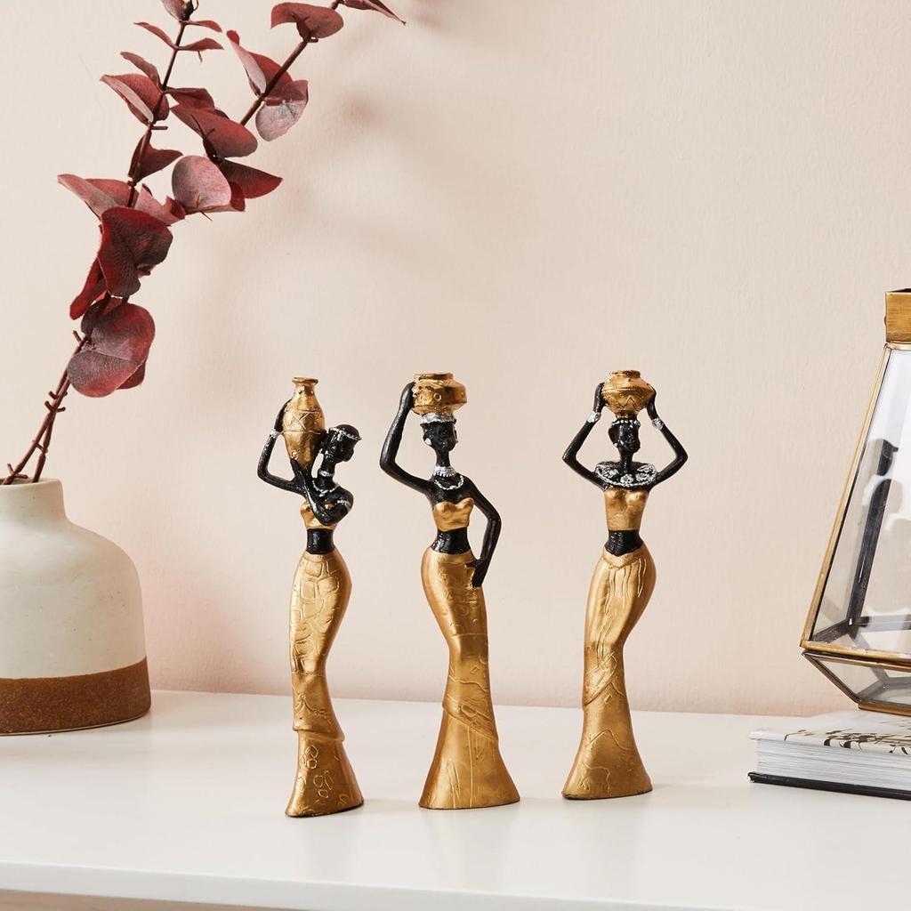 Beautiful Finish Uniquely Hand-Crafted Home Décor African Tribal Women Art Piece - Resin (Set of 3, Multicolour)