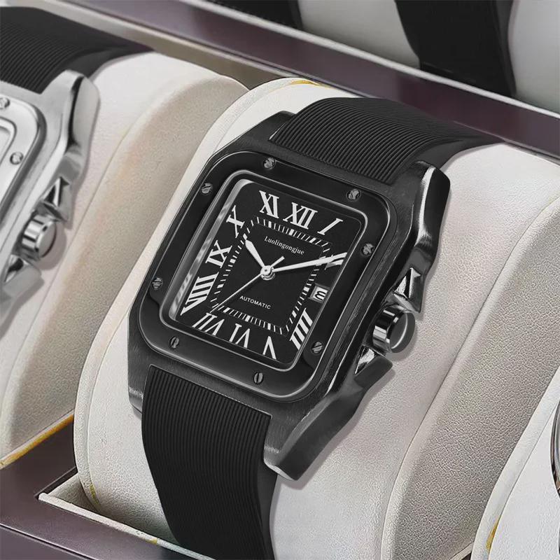 Мужские автоматические водонепроницаемые механические часы Santos с большим циферблатом и дизайном в виде полых полос