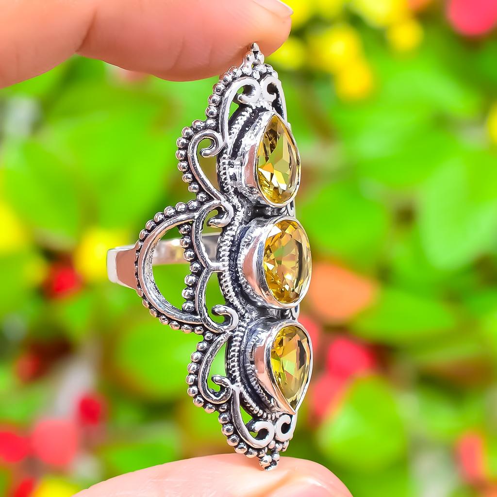 Цитрин Драгоценный камень 925 Стерлинговое серебро Подарочное ювелирное изделие Кольцо Размер 6.5