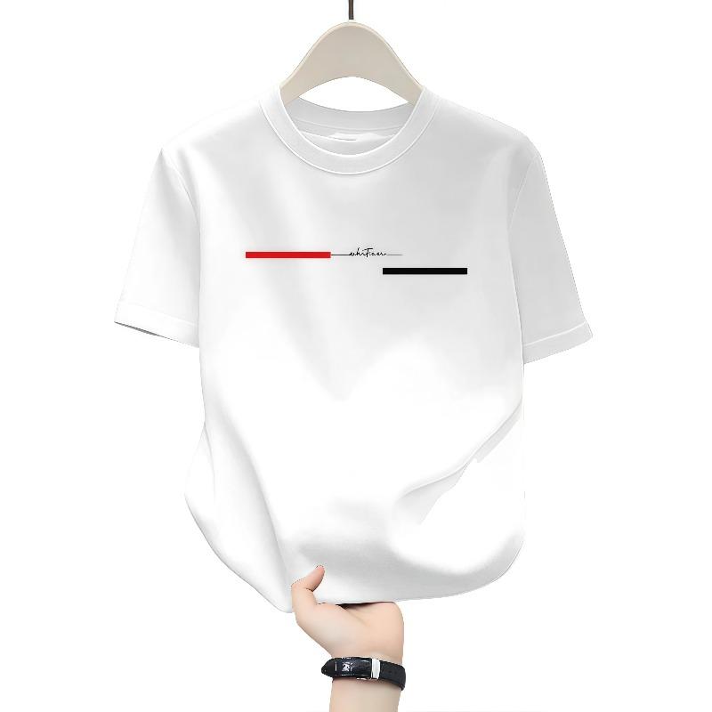 Unisexs pure cotton Tshirt with short sleeves simple red and white lines trendy printed Tshirt casual street wear
