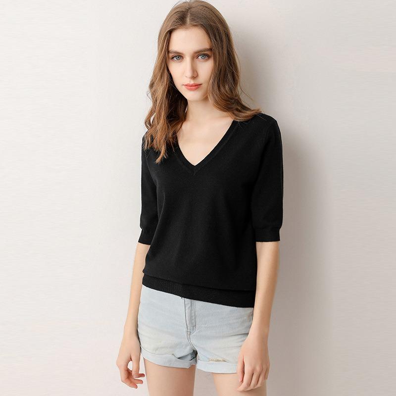 Spring Summer Women's T-shirt Short-sleeved Sweater Knit Sweater V-neck Half-sleeve Tide Loose Bottoming Shirt T-shirt