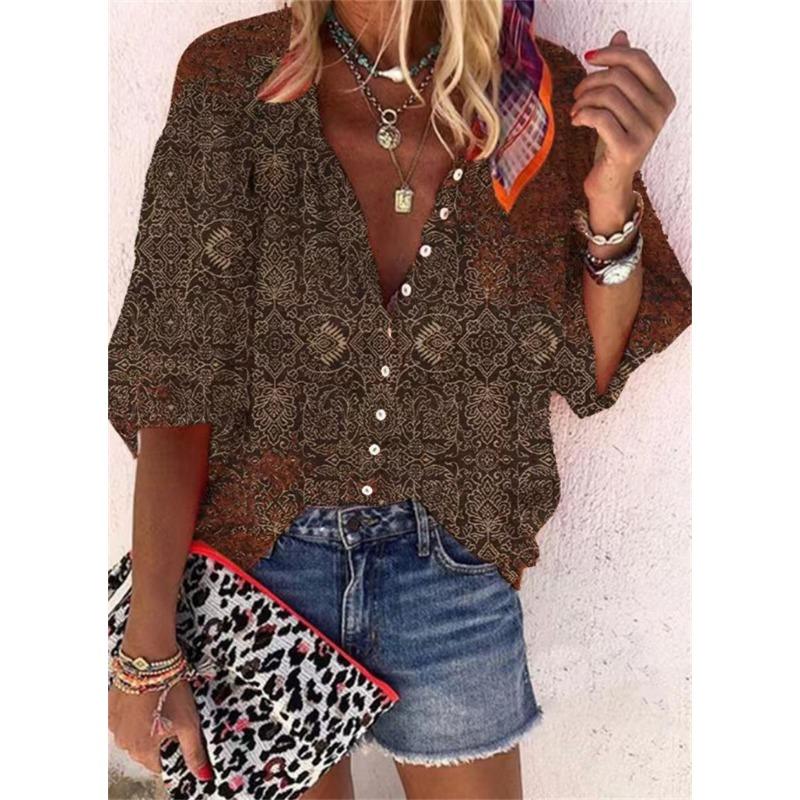 Летняя мода Стойка воротник Свободный крой На пуговицах Ретро принт Повседневные Рукава семь восьмых Женские блузки и рубашки