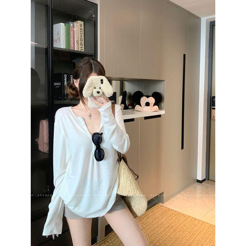 Kumikumi Idle Style Design Single-Breasted Long Sleeves Shirt Women Early Autumn Loose All-Match Solid Slimming Top