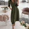 Осень-весна женское платье трапециевидной формы с большим V-образным вырезом и поясом с высокой талией и карманами с длинными рукавами, мягкое платье миди длиной до середины икры для выпускного вечера