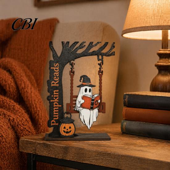 Office Desk Decoration Items Halloween Desktop Swing Decor, Spooky Home Reading Ghost on A Figurine Unique Wooden Craft Gifts for Living Room Kitchen