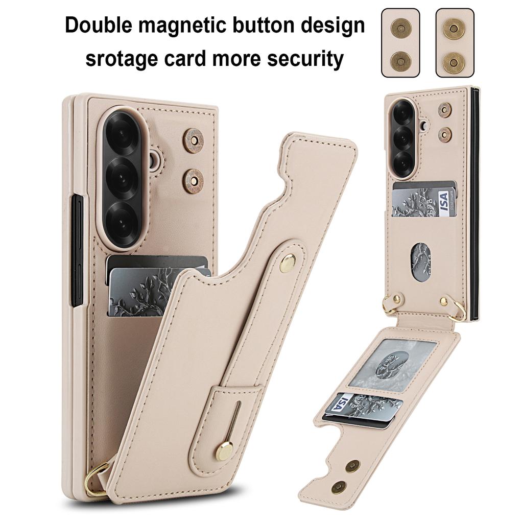 For Samsung Galaxy Z Fold7 5G Case Kickstand Card Slots Leather Coated TPU Cover with Shoulder Strap
