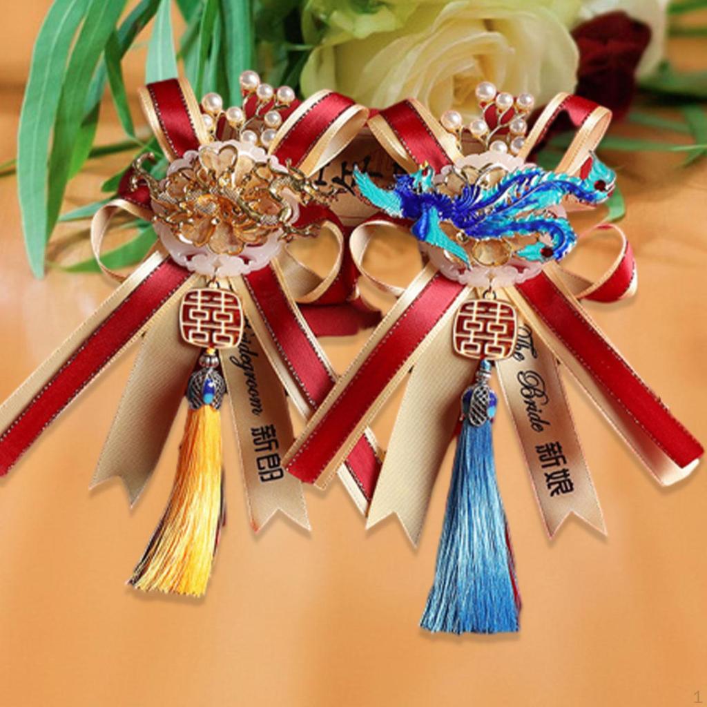 2x Wedding Flower Boutonniere Longfeng Corsage Handmade Artificial Flowers for Bride Bridegroom