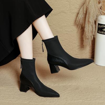Остроносые короткие ботинки женские толстый каблук новые осенне-зимние мягкая кожа высокий каблук тонкие ботинки средние ботинки маленькие короткие ботинки