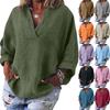 Casual Linen Cotton V Neck Long Sleeve Pullover Top Women's Fashion