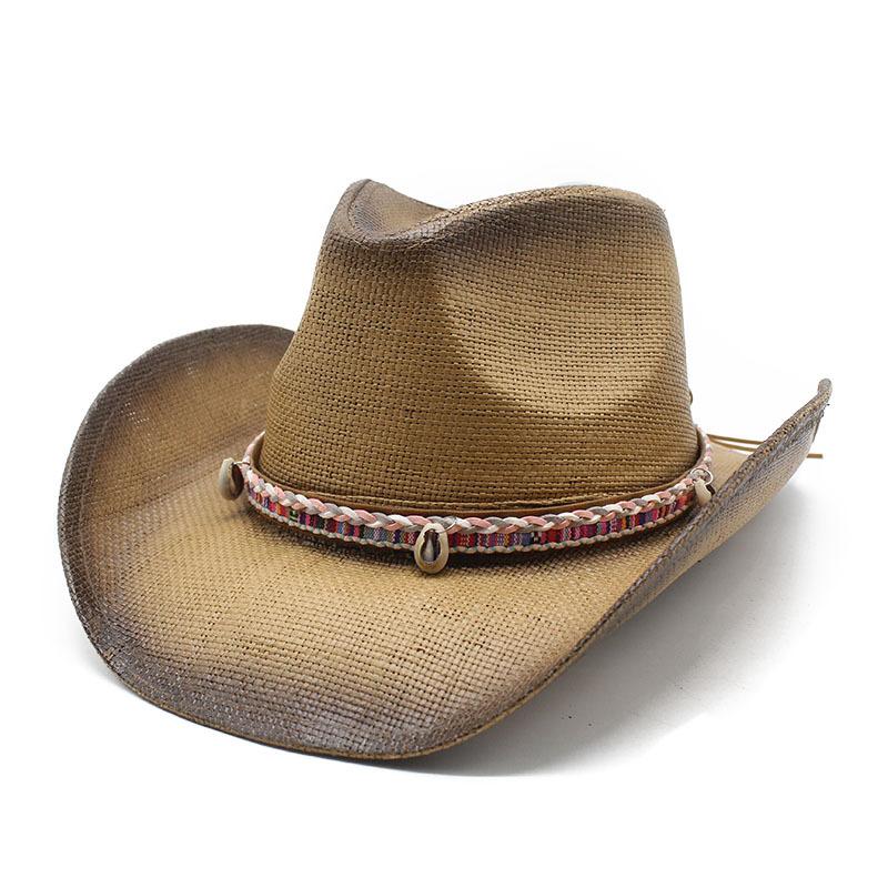 Соломенная шляпа из плетеной джинсовой ткани с широкими полями, летняя соломенная шляпа с полыми полями, этническая соломенная шляпа с закругленными полями и узором в виде ракушки
