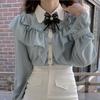 Женский топ, винтажные шифоновые топы с оборками, галстуком-бабочкой и оборками, базовая элегантная рабочая однобортная синяя рубашка, женская одежда