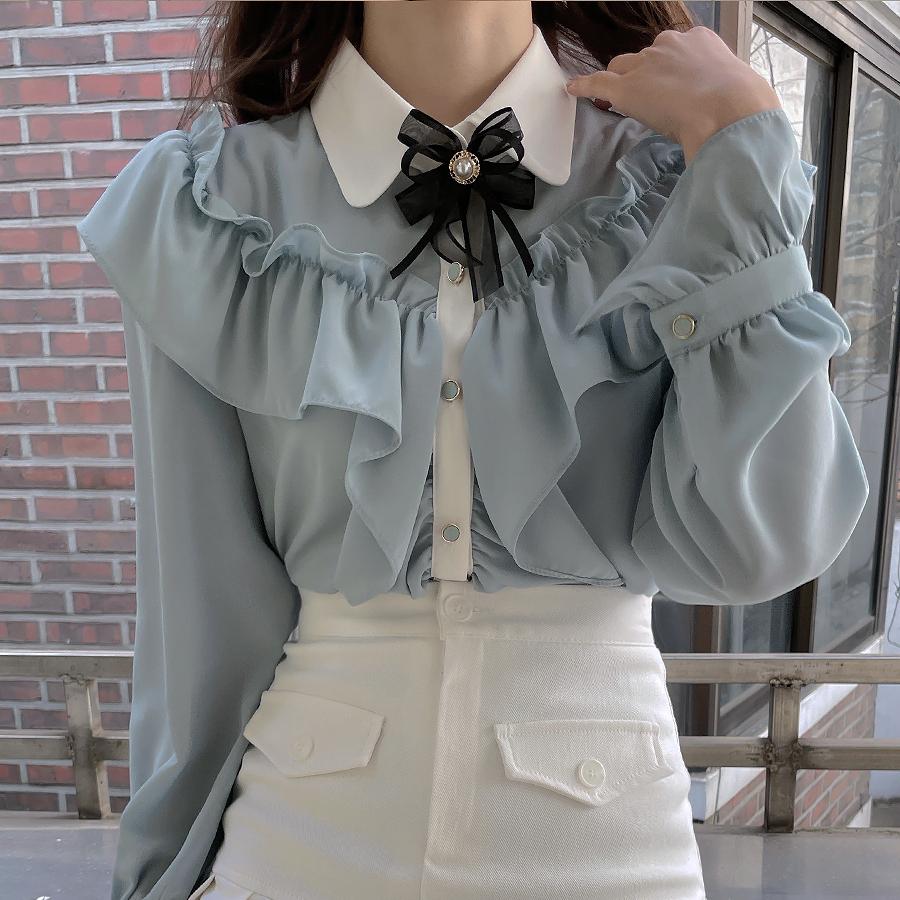 Женский топ, винтажные шифоновые топы с оборками, галстуком-бабочкой и оборками, базовая элегантная рабочая однобортная синяя рубашка, женская одежда