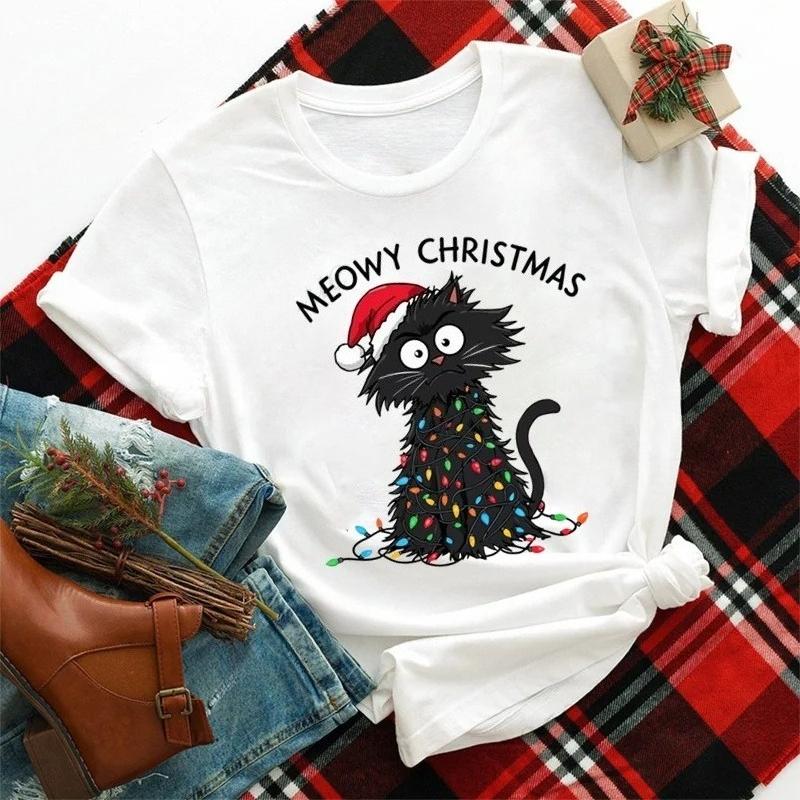 Womens casual pattern Tshirt Meowy Christmas print Christmas short sleeved round neck Tshirt Christmas Day Tshirt