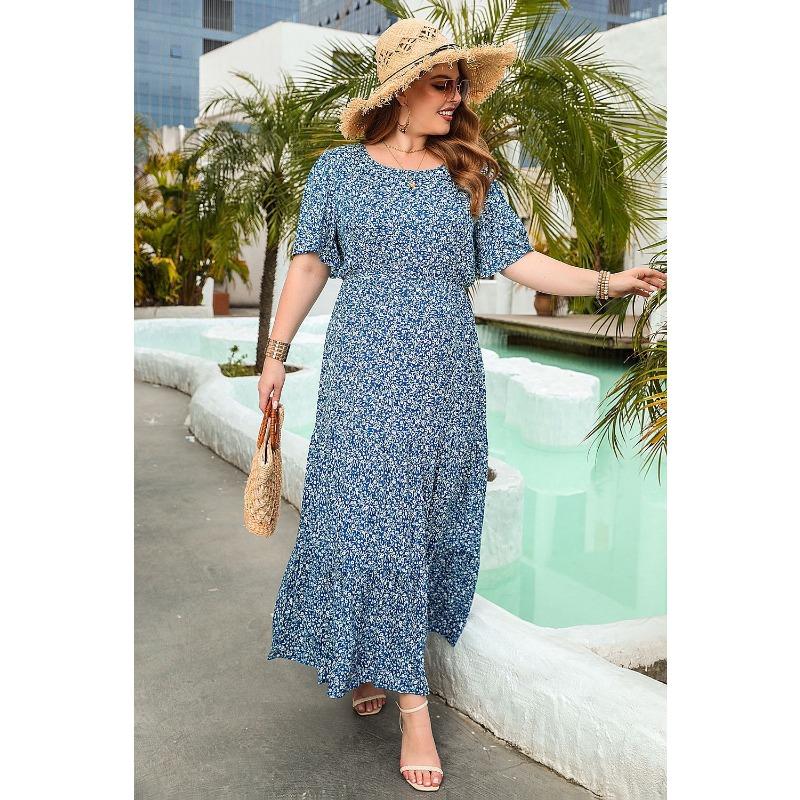 Новое повседневное платье для отпуска с цветочным принтом, круглым вырезом, коротким рукавом, миди-платьями