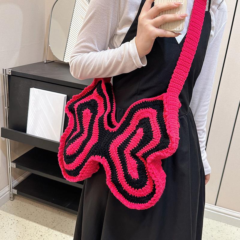 Handmade Crochet Butterfly Crossbody Bag Knitted Cartoon Shoulder Bag Contrast Color Design Trendy Women Y2k Style Soft Handbag