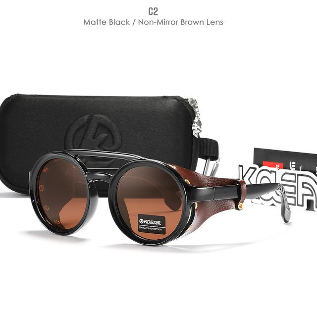 Kdeam Винтажные круглые солнцезащитные очки для мужчин и женщин с кожаным щитком, солнцезащитные очки с двойным мостиком, оттенок Kd179 - Солнцезащитные очки