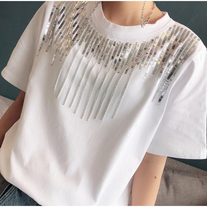 Ladies Heavy Industry Sequins Rhinestone Tassel T-shirt Short-sleeved Spring and Summer New Loose Net Red with The Same Half-sleeved