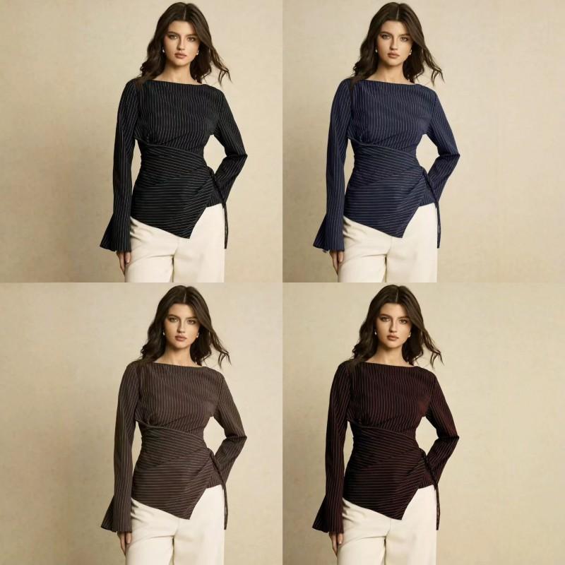 Striped Boat Neck Slim Fit Blouse Women - Lightweight Flowy Office Shirt With Elbow Sleeves Fall 2026