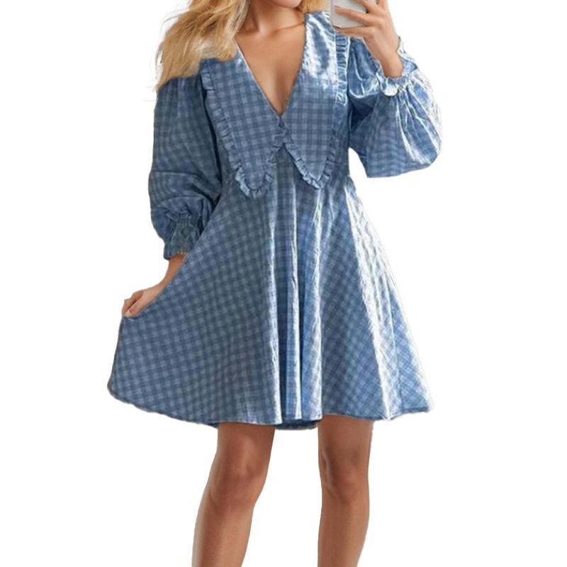 2025 осень и зима новая женская одежда темперамент пригородный кукольный воротник клетчатое платье с длинными рукавами