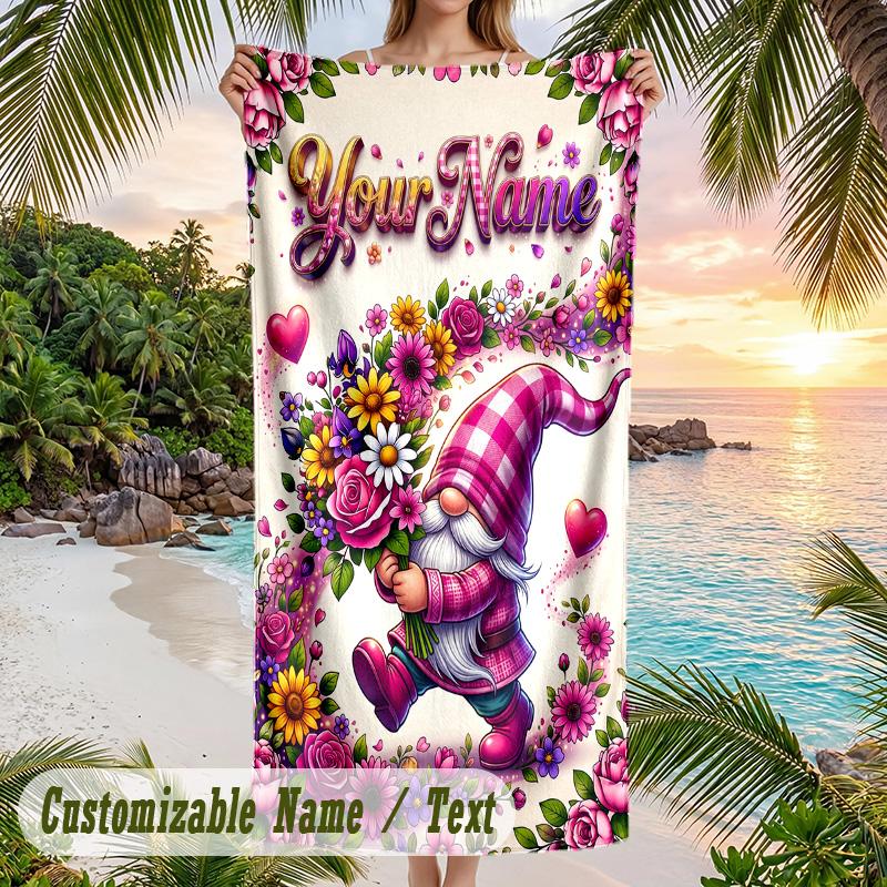 Gnome Theme Beach Towel Personalized Custom Name & Text Soft Quick Dry Beach Towel for Swimming Travel