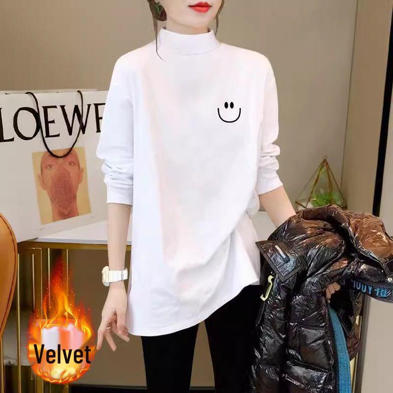 Women's Mid-Length White Cotton Long-Sleeve T-Shirt, Autumn/Winter Style, Semi-High Neck, Loose Fit, Base Layer, Covers Buttocks, Trendy Design.
