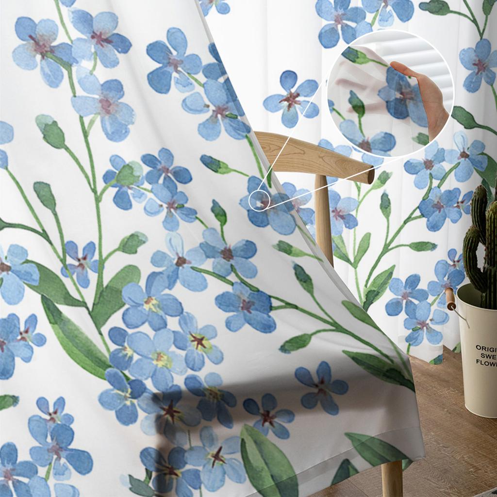 Watercolor Blue Flowers Farmhouse Countryside Voile Sheer Curtains Living Room Window Tulle Curtain Kitchen Bedroom Home Decor