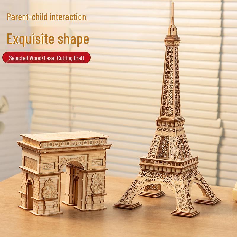 3D Wooden Puzzle Model: Eiffel Tower & Arc De Triomphe - Ancient Building Ornaments for Kids
