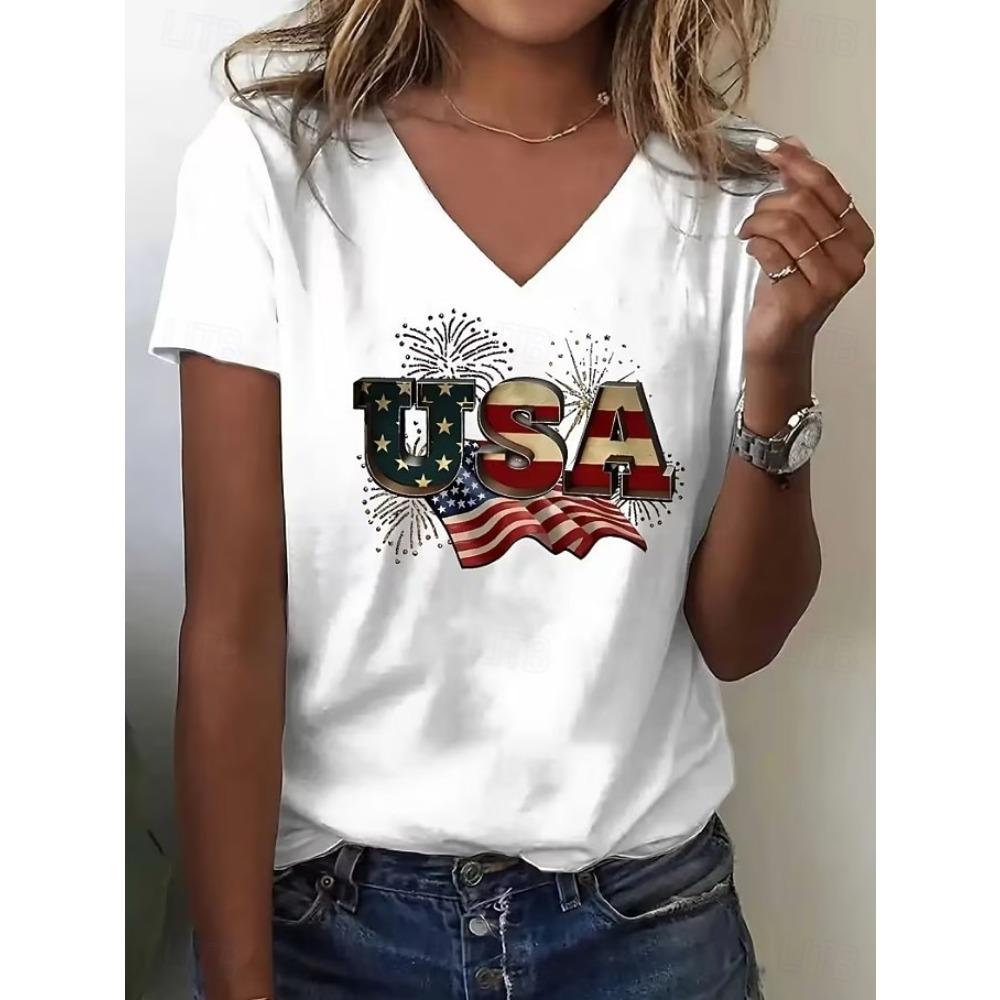 American Independence Day Women's T Shirt Print Graphic Flag Vintage Stylish Classic Short Sleeve V Neck Regular Tops