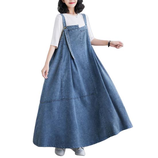 Yousheng Women's Denim Overall Dress Loose Sleeveless Boho Jean Jumper Dress with Pockets Wide Hem Pinafore Dress with Adjustable Strap